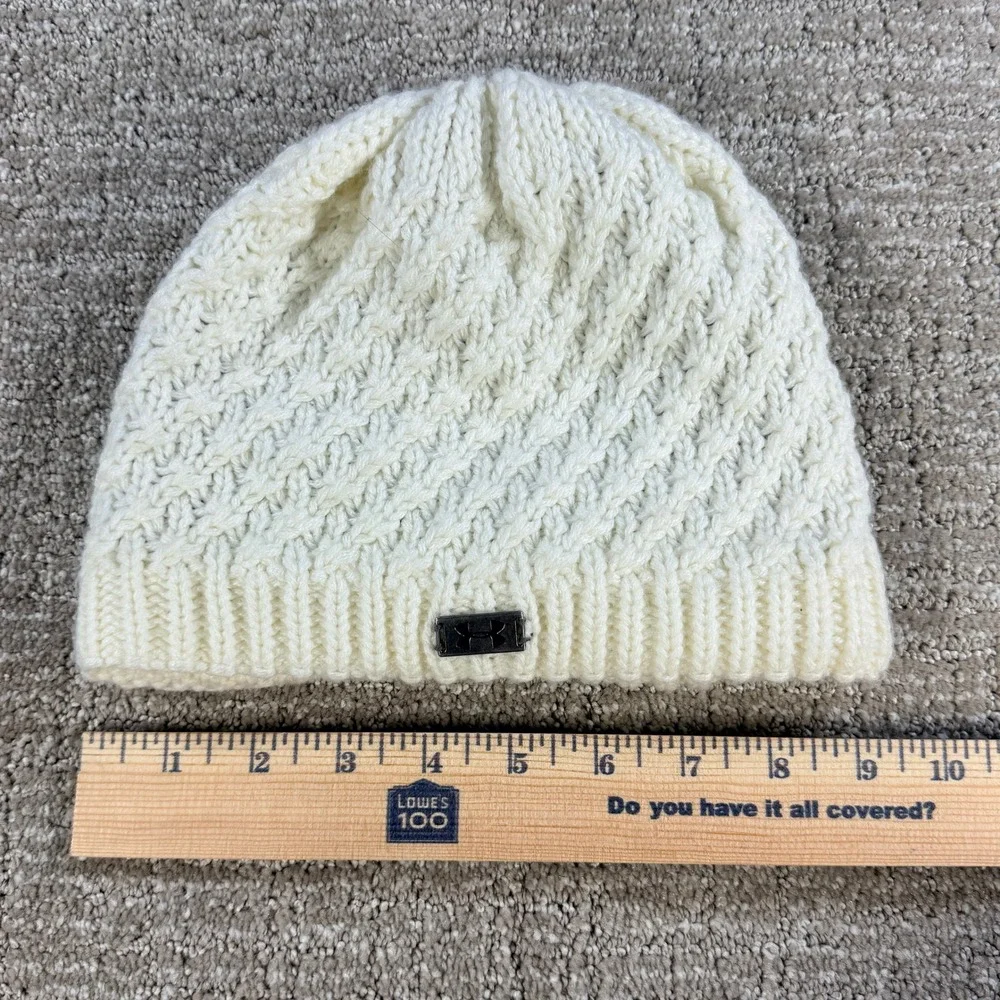 Under Armour Beanie Women OSFA White Knit Fleece Lined Winter Hat Cable Ribbed‎